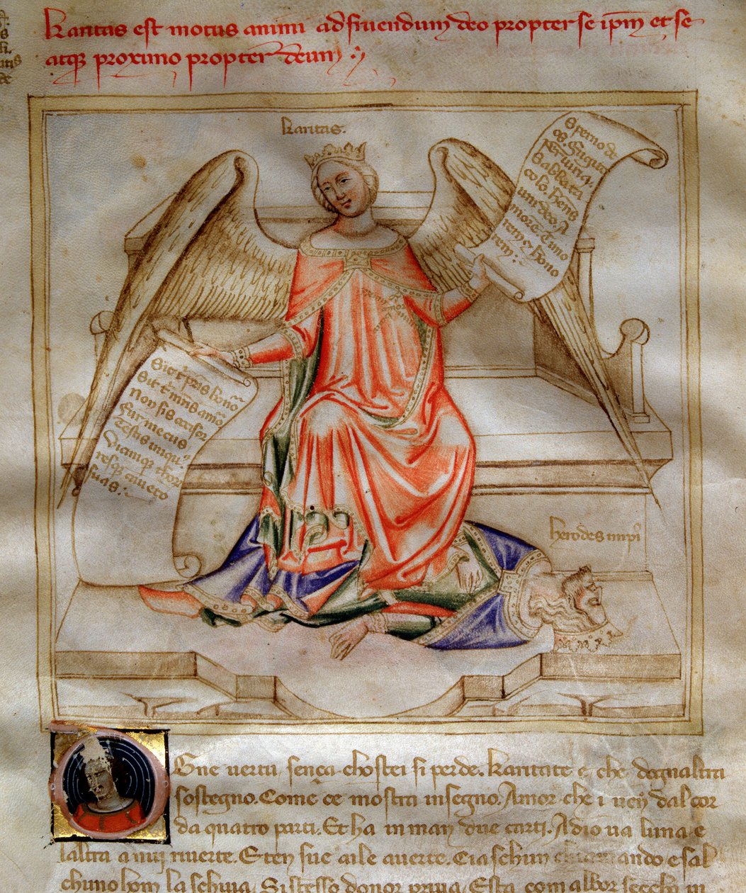 Allegory of Charity ailee som tråkker Herode I den store for føttene i "" Song of the Seven Vertus and the Seven Liberal Arts destinee for Bruzio Visconti" (La Canzone delle Virtu e delle Scienze) av Bartolomeo di Bartoli. Akvarell av Andrea di Bartoli ( av Andrea de Bartoli