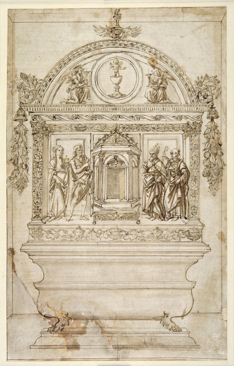 Design for alteret til et kapell, med et tabernakel for eukaristien (penn og brunt blekk med brun vask på hvitt papir) av Andrea del (follower of) Verrocchio