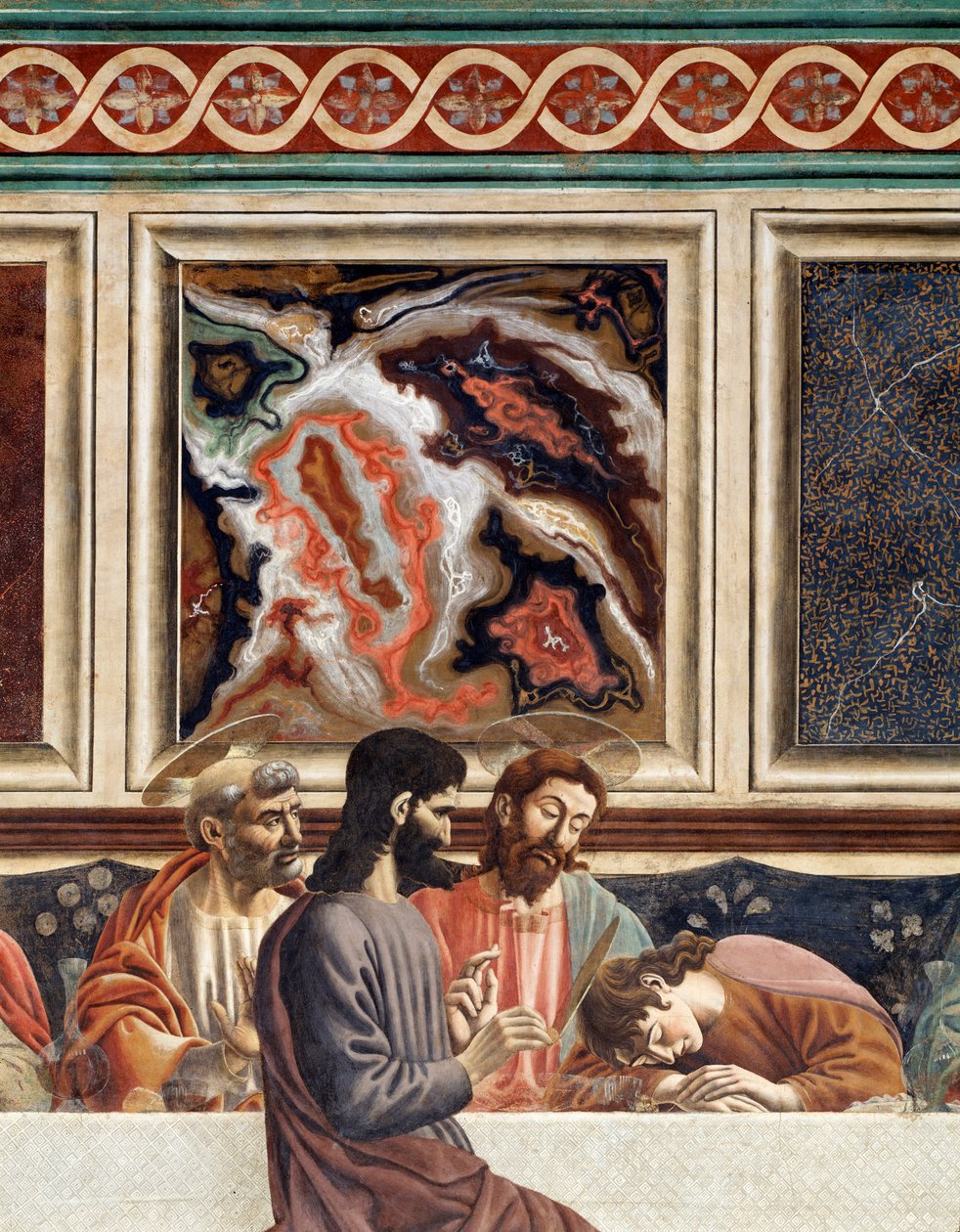 Siste kveldsmat, detalj av Peter, Jesus og Johannes som sover, med Judas (Fresco av Andrea del Castagno