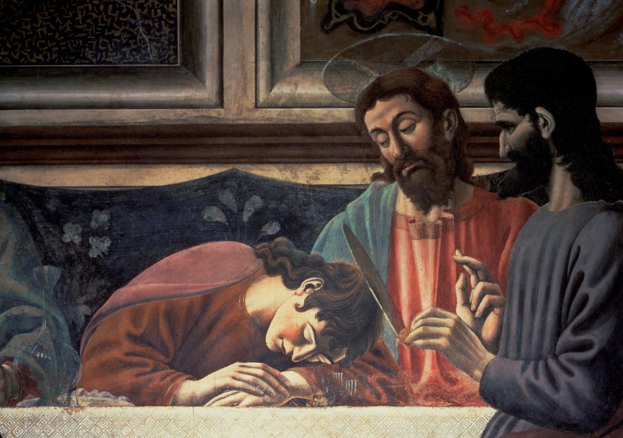 Nattverden, detalj av Judas, Kristus og St. Johannes, 1447 freskomaleri av 85172 av Andrea del Castagno
