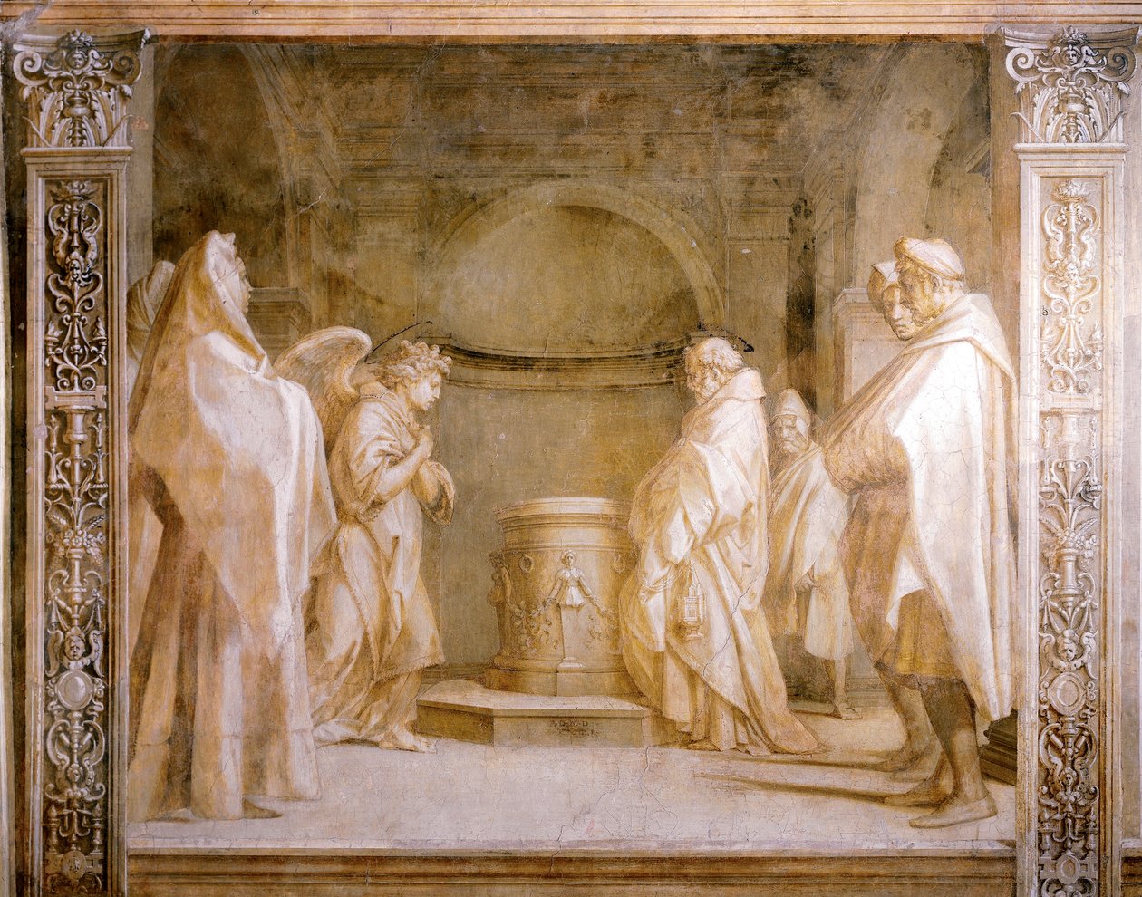 Engel som kunngjør barnets fødsel til Zacharias, detalj fra Stories of Virgin av Andrea del Sarto (1486-1530), freskomaleri i monokrom, Cloister of Scalzo, Firenze av Andrea del Sarto