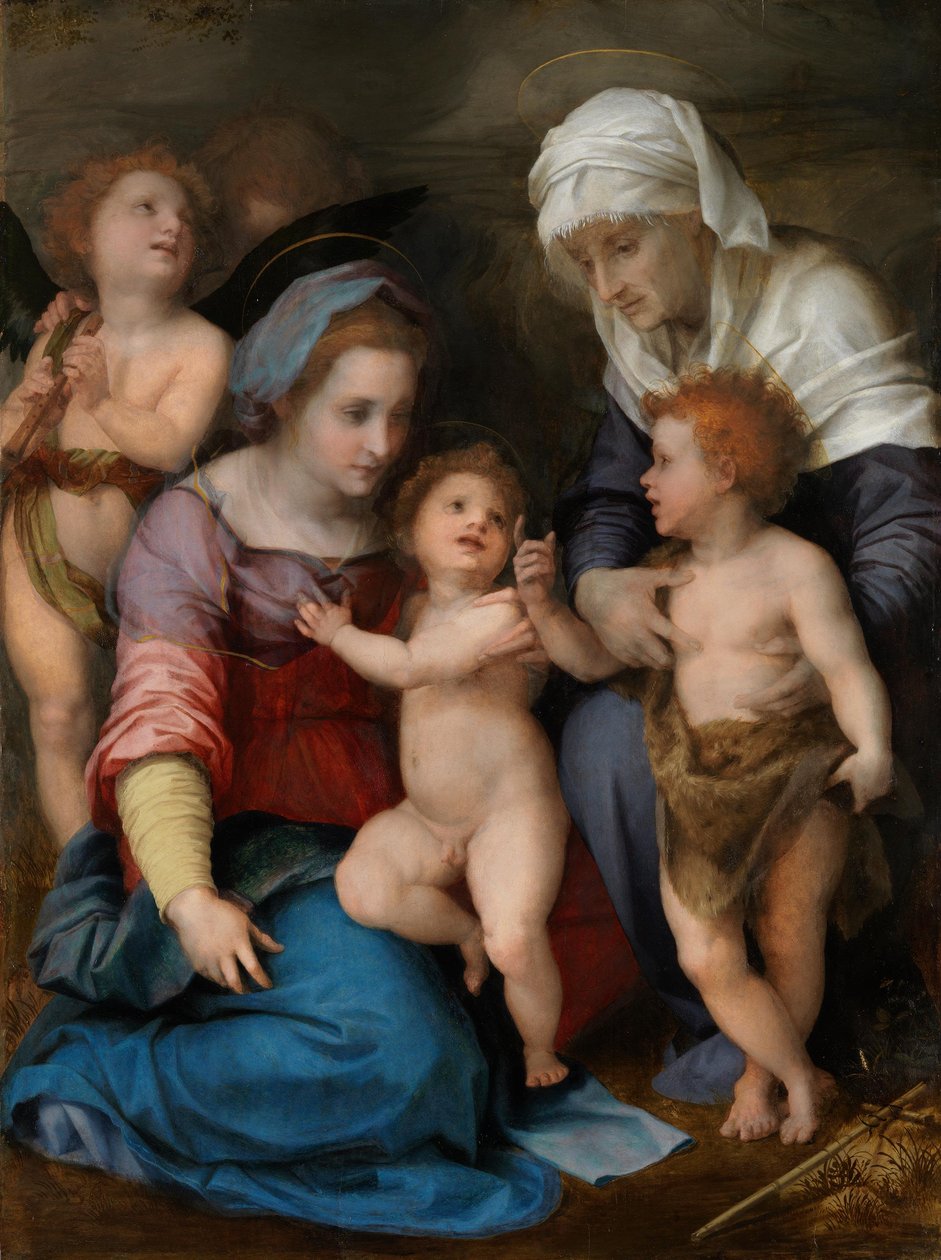 Den hellige familie (Maria med barnet, den unge Johannes, den hellige Elisabeth og to engler) av Andrea del Sarto