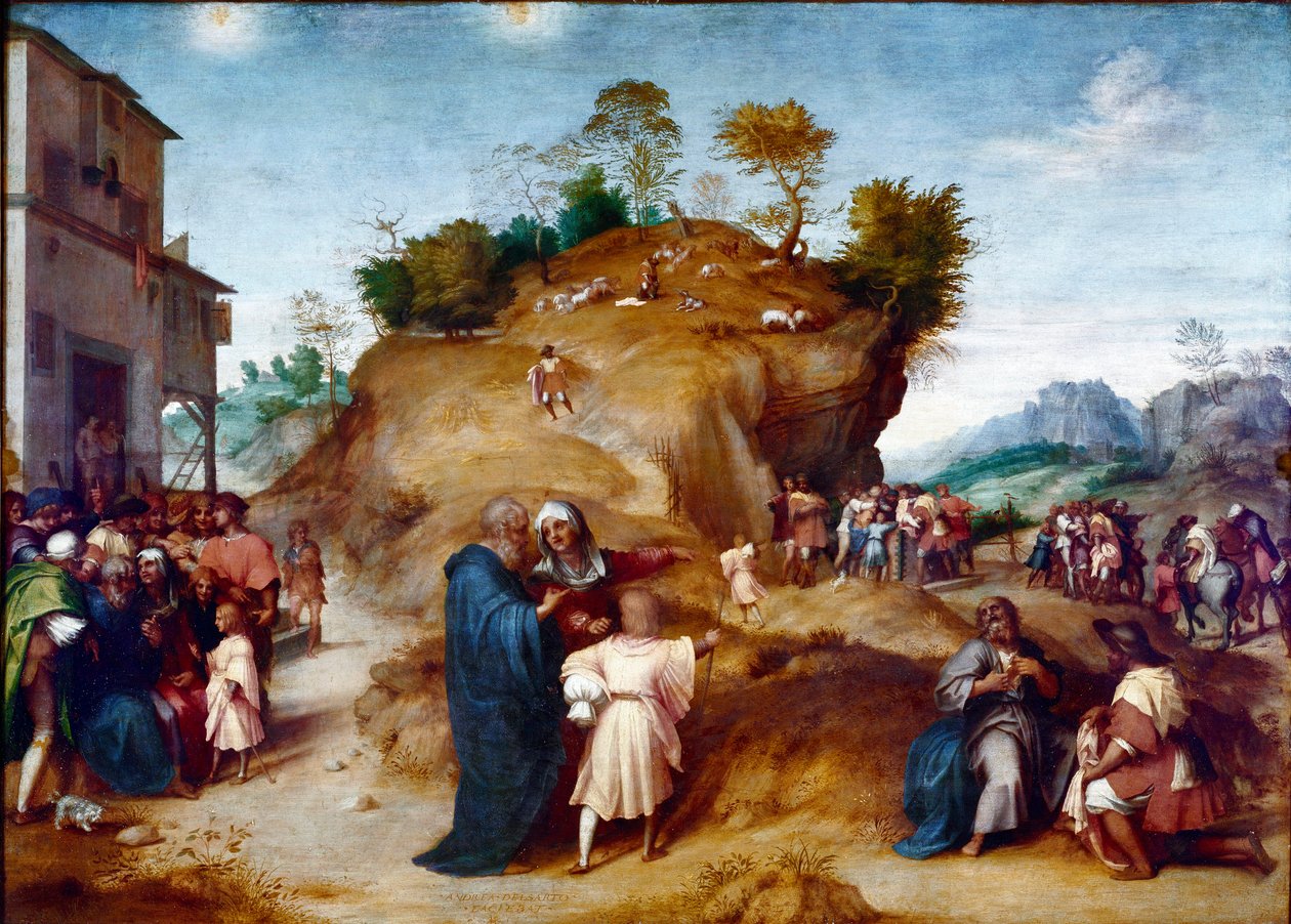 Historie om Josef, sønn av Jakob: "" Josef tolker farens drømmer"" Maleri på tre av Andrea del Sarto (1486-1530) 1515-1517 Dim. 98x135 cm Firenze, Palazzo Pitti, Galleria Palatina av Andrea del Sarto