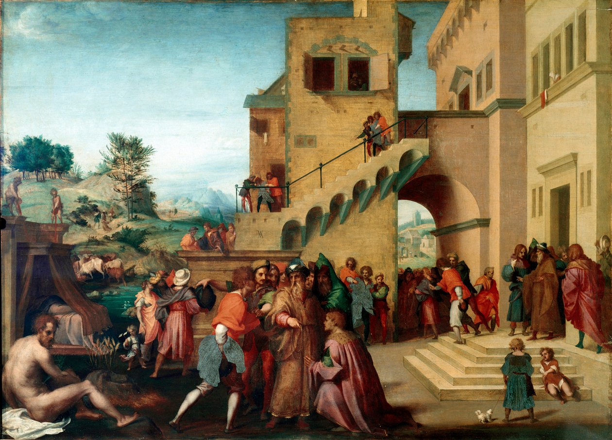 Historie om Josef, sønn av Jakob: "" Josef tolker faraos drømmer"" Maleri på tre av Andrea del Sarto (1486-1530) 1515-1517 Dim. 98x135 cm Firenze, Palazzo Pitti, Galleria Palatina av Andrea del Sarto