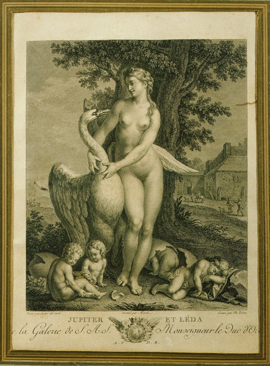 Leda og svanen, gravering av Philippe Triere (1756-1815), fra en tegning av Andrea Del Sarto av Andrea del Sarto