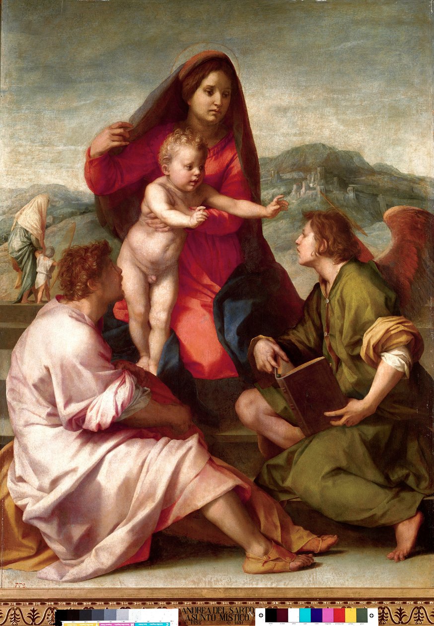 Madonna della Scala. Hellig familie med en engel. Maleri av Andrea del Sarto (1486-1531) 1522-1523 Søn. 1,77x1,35 m Madrid, Prado-museet av Andrea del Sarto