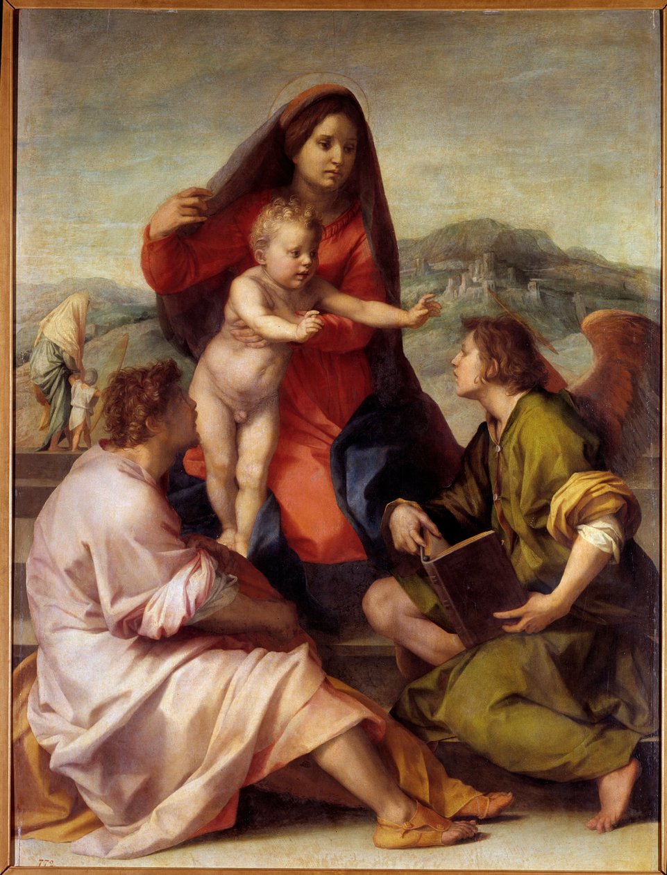 Madonna della Scala. Hellig familie med en engel. Maleri av Andrea del Sarto (1486-1531) 1522-1523 Søn. 1,77x1,35 m Madrid, Prado-museet av Andrea del Sarto