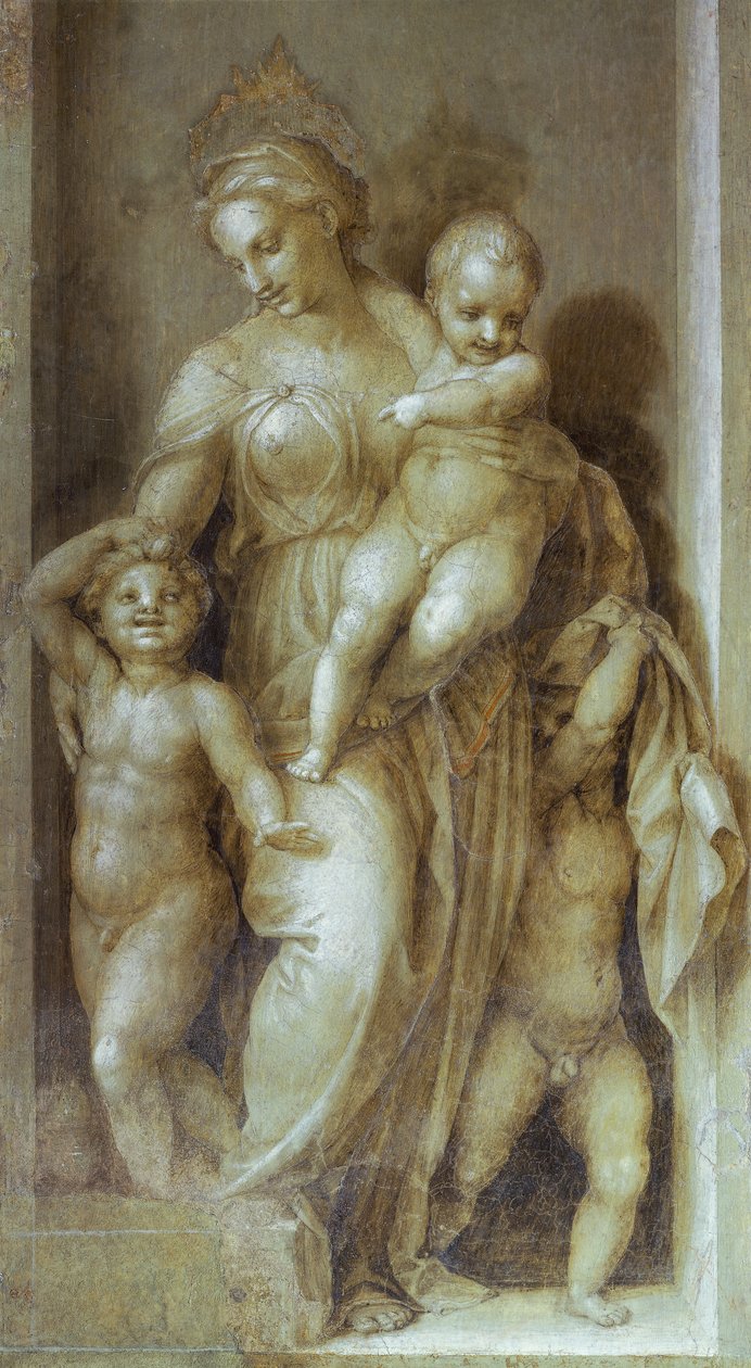 Representasjon av veldedighet, detalj fra Stories of St John av Andrea del Sarto (1486-1530), freskomaleri i monokrom Cloister of Scalzo, Firenze av Andrea del Sarto