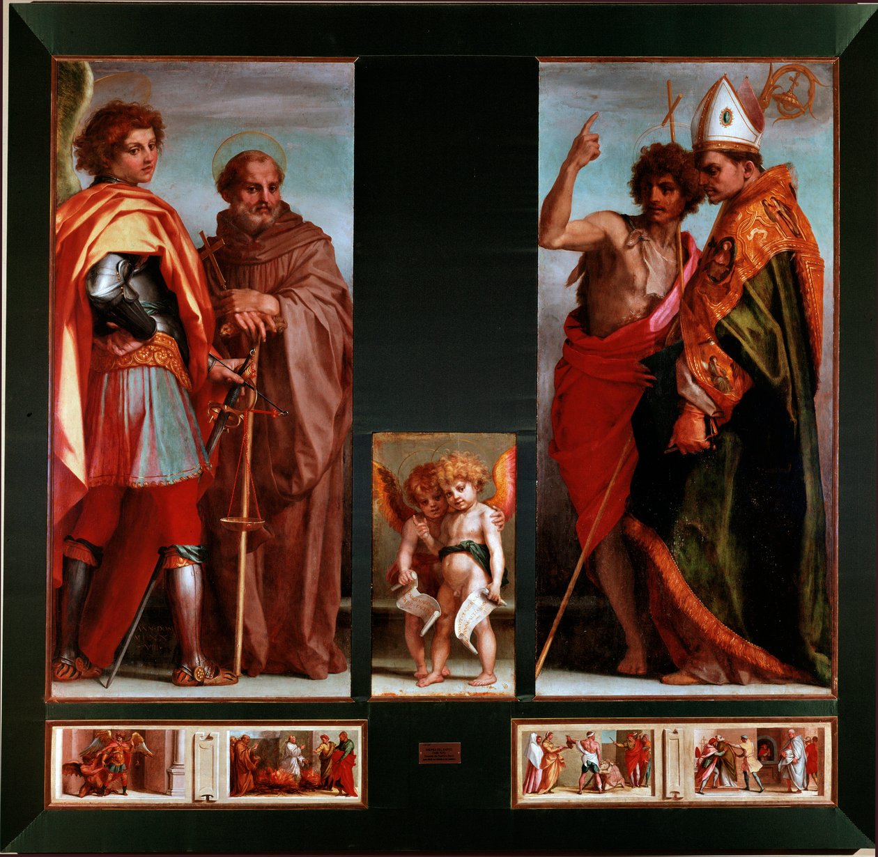 Hellige Michael, John Gualbert, Johannes døperen, Bernardo degli Uberti Predelle av de fire hellige. Maleri av Andrea del Sarto (Andrea d
