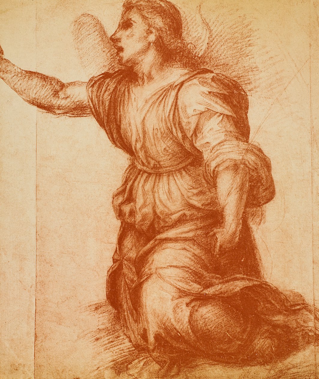 Studie av en engel, tegning av Andrea del Sarto utført for kunngjøringen som nå ligger i Palatina-galleriet. Cabinet of Drawings and Prints, Uffizi Gallery, Firenze av Andrea del Sarto