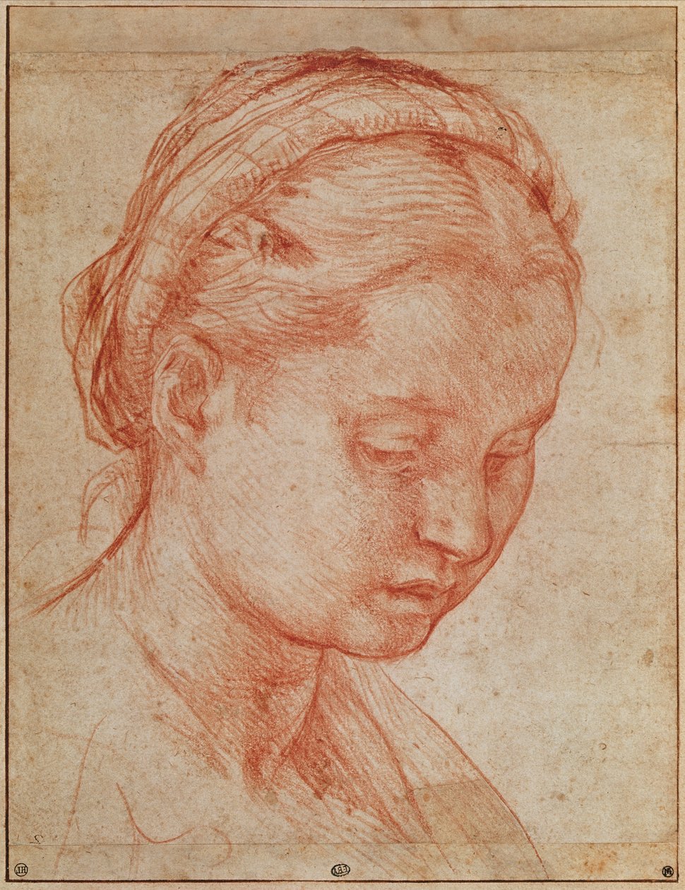 Studie av hodet til St. Katarina for avsetningen med jomfru Maria og de hellige ved Pitti-palasset, 1523-24 (rødt kritt på papir) (se 379730) av Andrea del Sarto