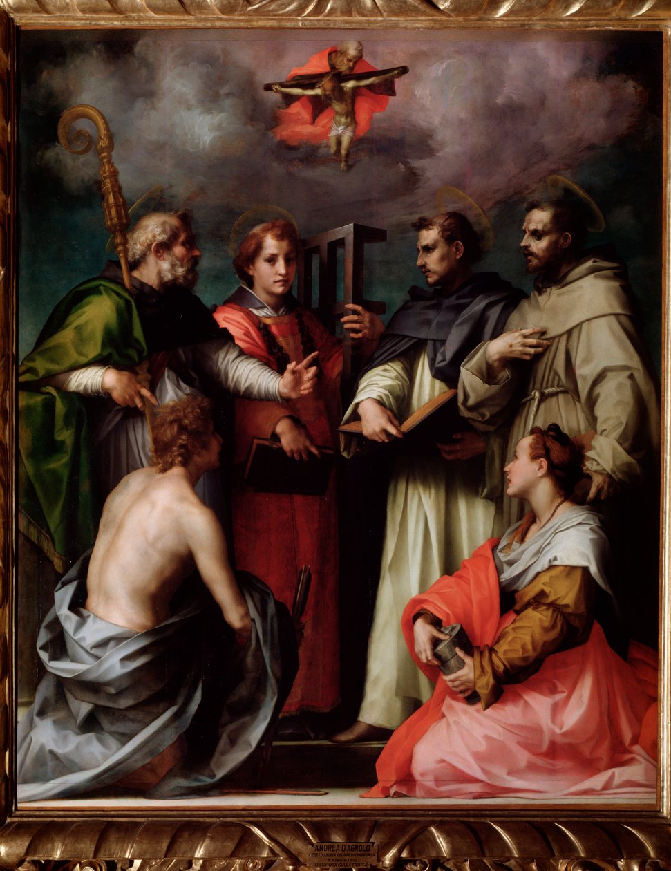 Disputasen om den hellige treenighet, med St. Peter, St. Laurentius, St. Augustin av Hippo, St. Frans, St. Sebastian, St. Maria Magdalena (maleri, ca. 1517) av Andrea del Sarto