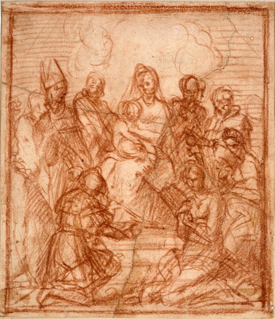 "Madonna and Child on the Throne with Eight Saints" (Enthroned Madonna with Child and eight saints (Composition study)) Sanguinetegning av Andrea del Sarto (1486-1531) 1528 Sanguine på papir Dim 15,6x13,5 cm Staatliche Museen, Berlin av Andrea del Sarto