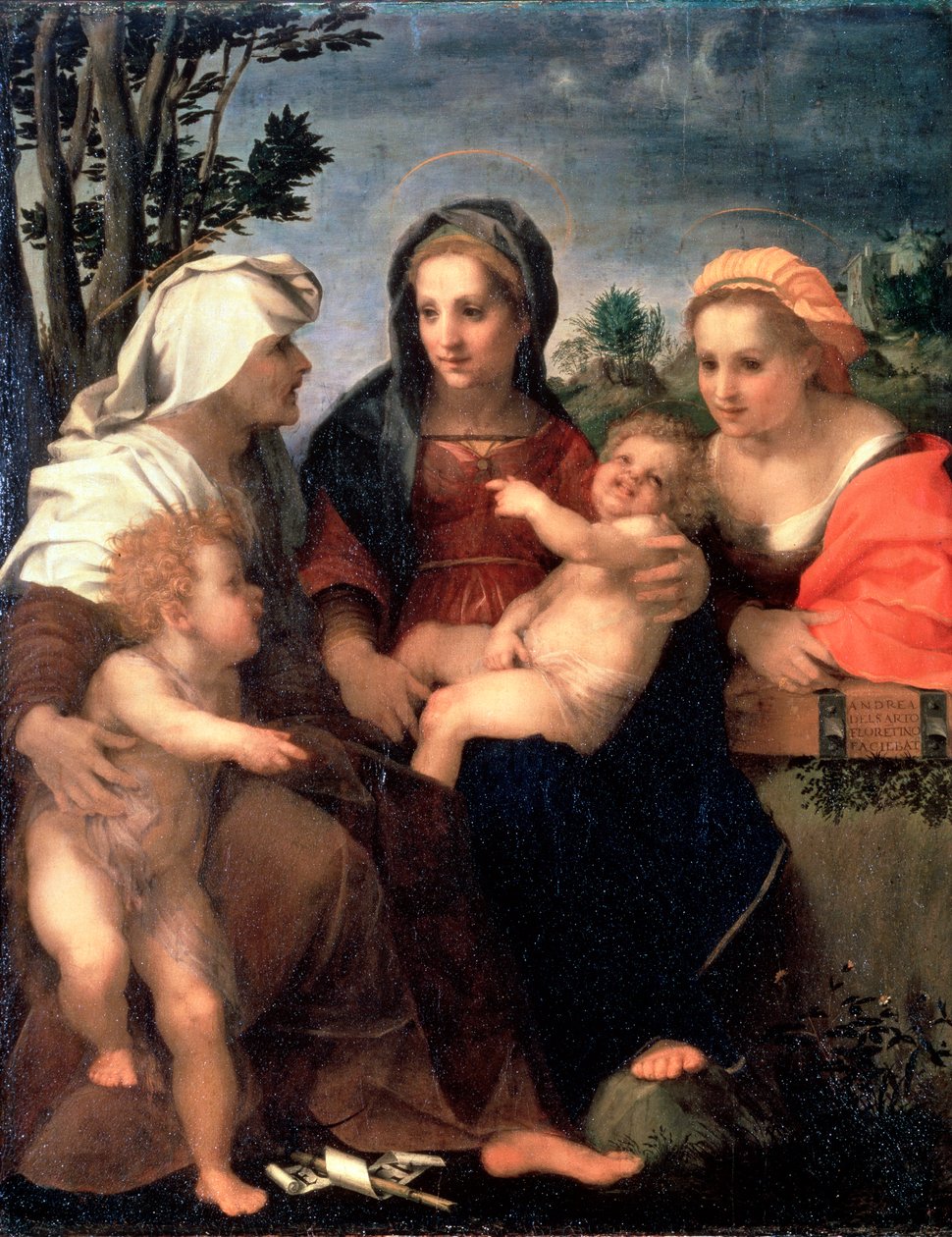 Jomfru og barn med de hellige Katarina, Elisabeth og døperen Johannes, 1510-årene. av Andrea del Sarto