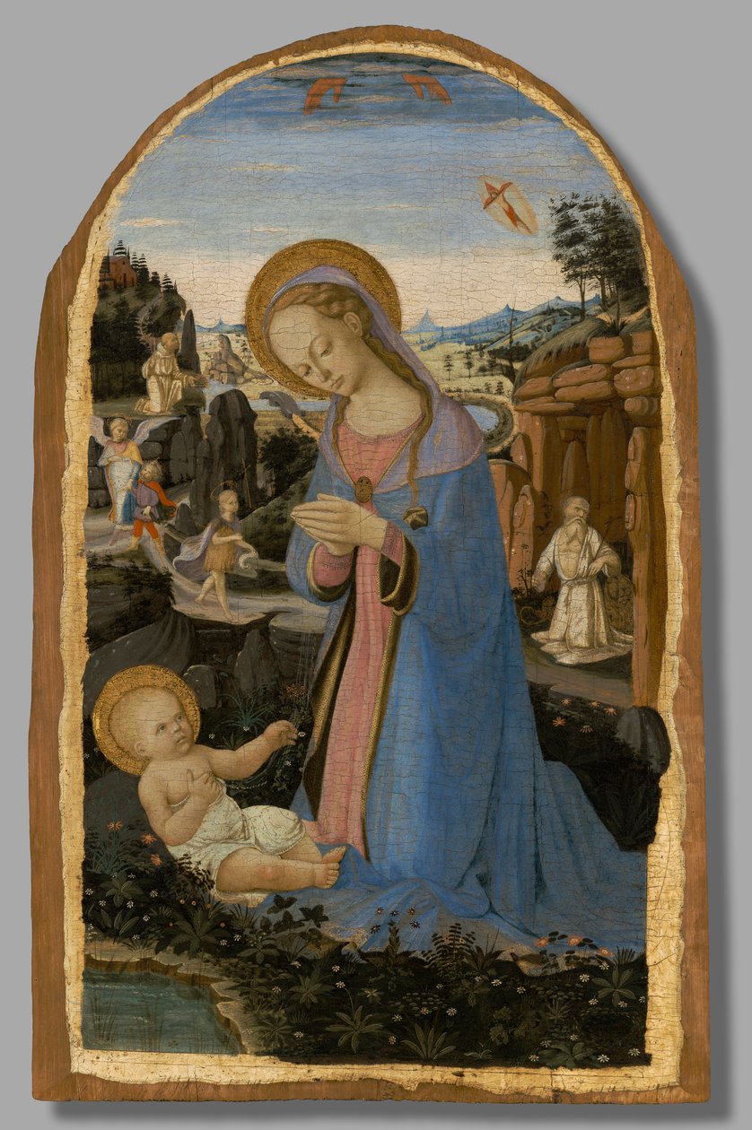 Tilbedelsen av Kristusbarnet med den hellige Frans av Assisi som mottar Stigmata; Tobias og engelen; Døperen Johannes i villmarken; og den angrende Saint Hieronymus av Andrea del Verrocchio