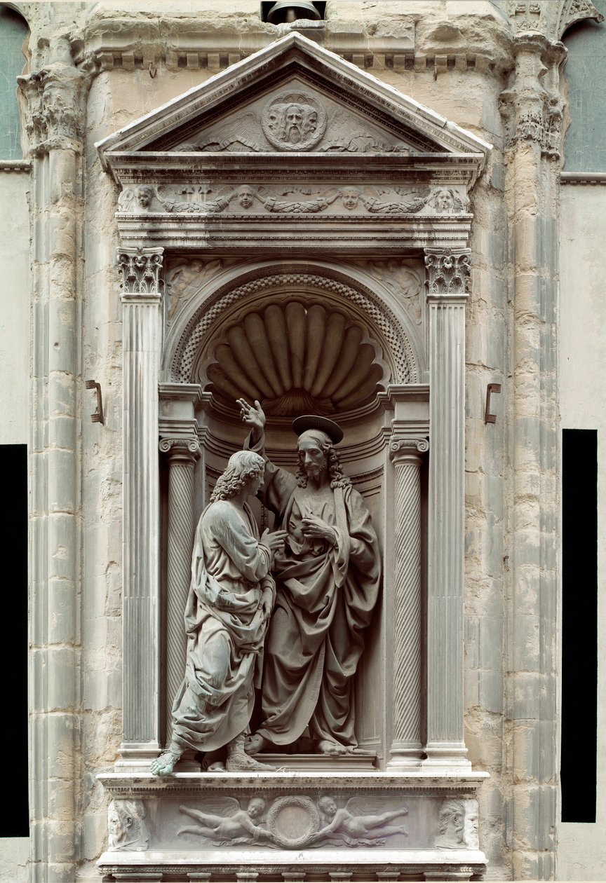 The incredulite of St. Thomas Bronseskulptur av Andrea di Francesco di Cione dit il Verrocchio (1435-1488) Firenze, Chiesa di Orsanmichele av Andrea del Verrocchio