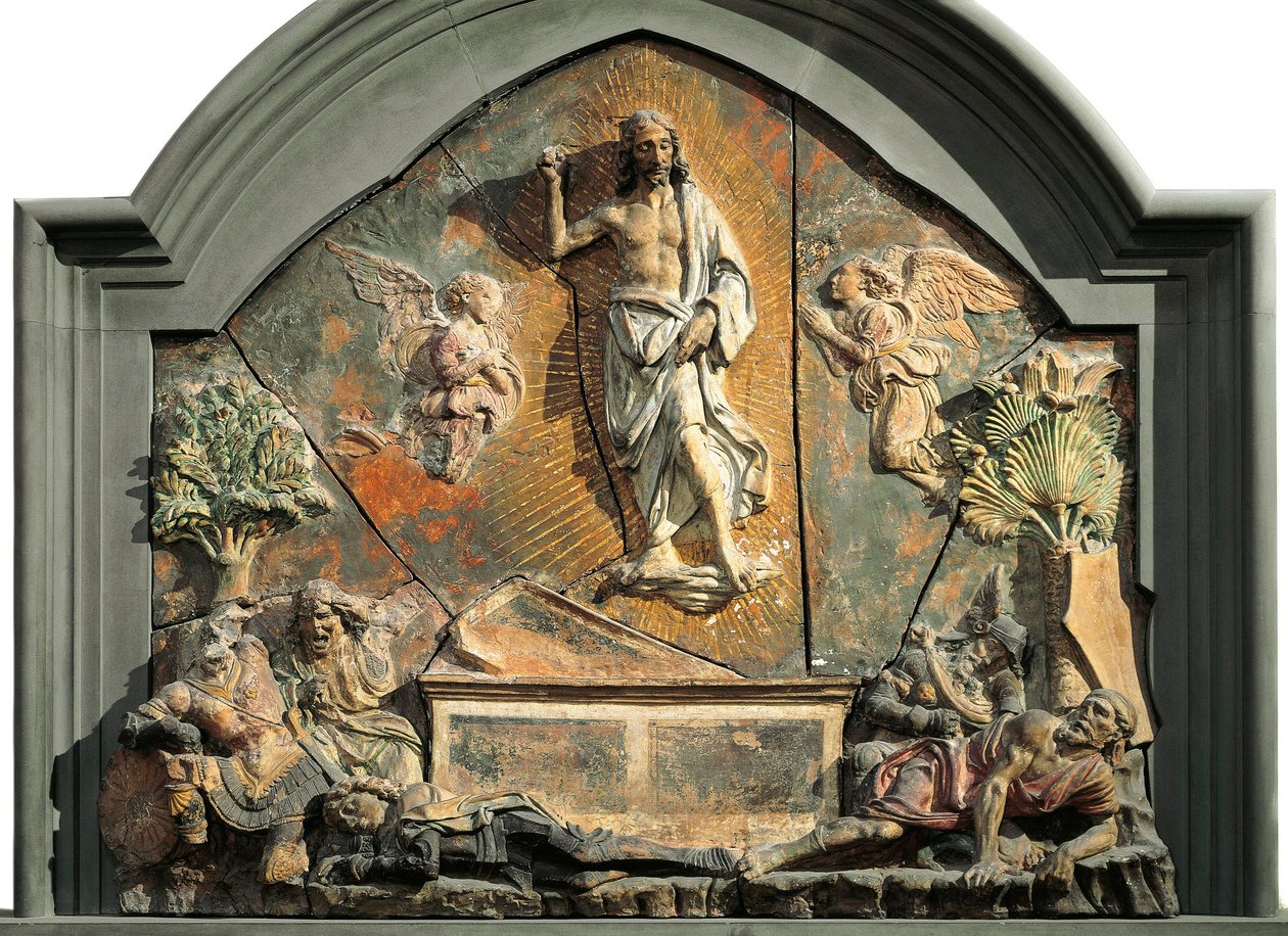 Kristi oppstandelse (Den sovende soldaten er representert som Laurent de Medici (Lorenzo den storslåtte) Polykrom terrakotta-relieff av Andrea del Verrocchio (1437-1488) Museo Nazionale del Bargello Firenze fra 1400-tallet av Andrea del Verrocchio
