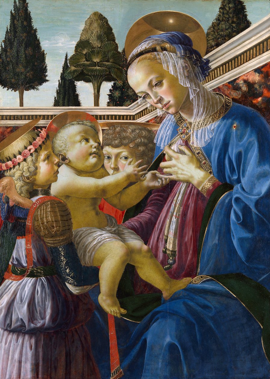 ""Madonna og barn med to engler"" Maleri av Andrea del Verrocchio (1437-1488) 1467-1469 London National Gallery av Andrea del Verrocchio