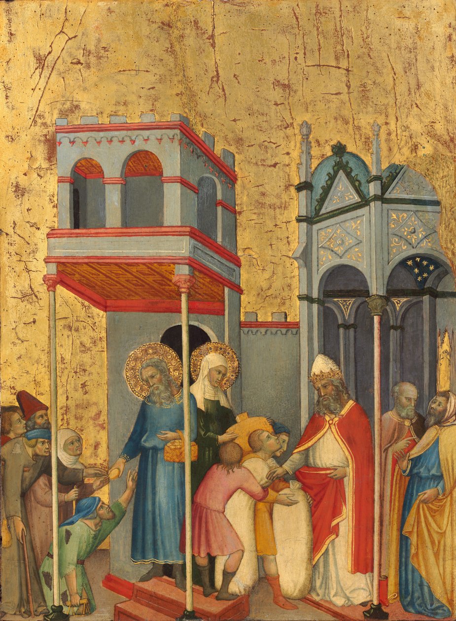 Joachim og Anna gir mat til de fattige og offer til tempelet, ca. 14001405. av Andrea di Bartolo