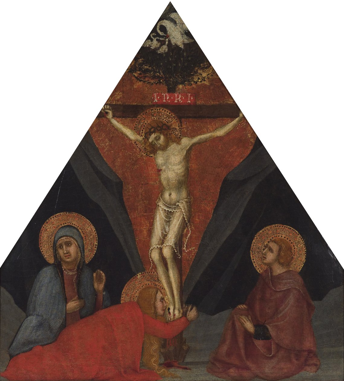 Korsfestelsen med jomfruen, Maria Magdalena og evangelisten Johannes, ca 1400 av Andrea di Bartolo
