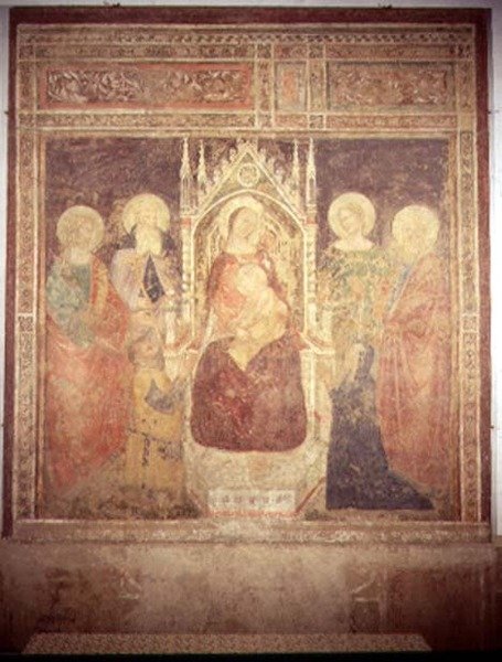 Madonna og barn med SS. Elia, døperen Johannes, Nicolas og Leonard (fresko) av Andrea di Bonaiuto (fl.1343 77)
