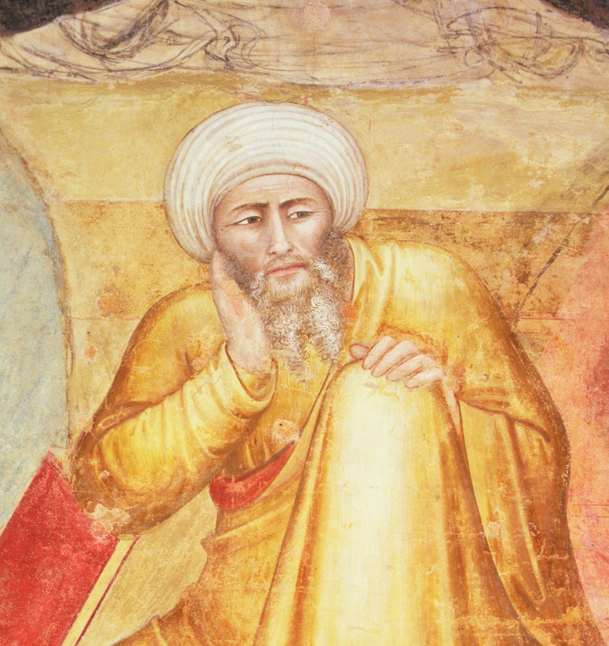 Triumf av St Thomas Aquinas, detalj av figuren under tronen, fra det spanske kapellet, ca. 1365 (fresco) av Andrea di Bonaiuto (fl.1343 77)