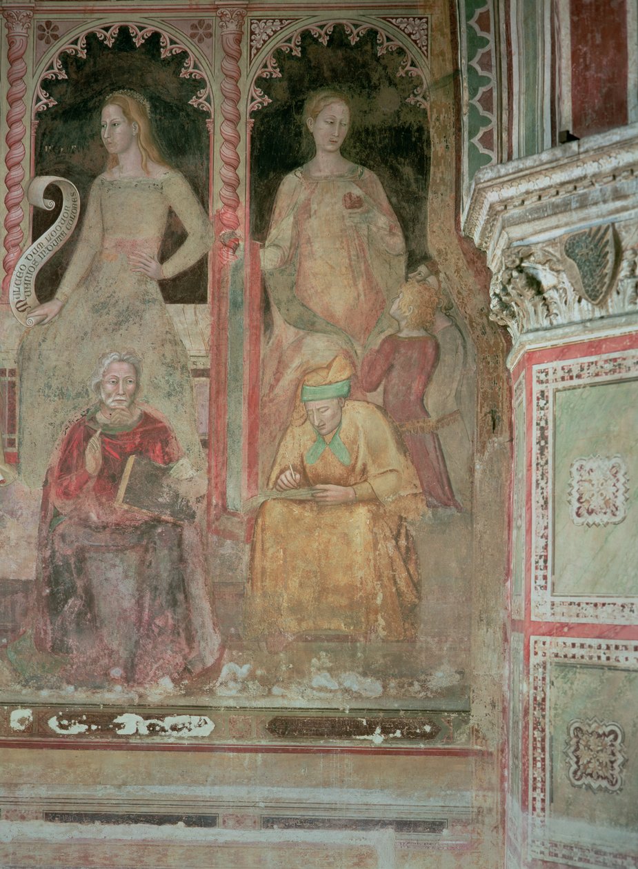 The Church Militant and Triumphant, i det spanske kapellet, detalj av retorikk, Cicero, grammatikk og Aelius Donatus av Andrea di Bonaiuto (fl.1343 77)