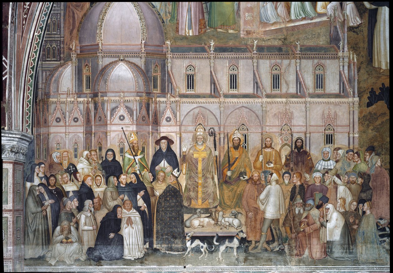Den katolske kirkes triumf (Detalj av Fresco av Andrea di Bonaiuto (fl.1343 77)