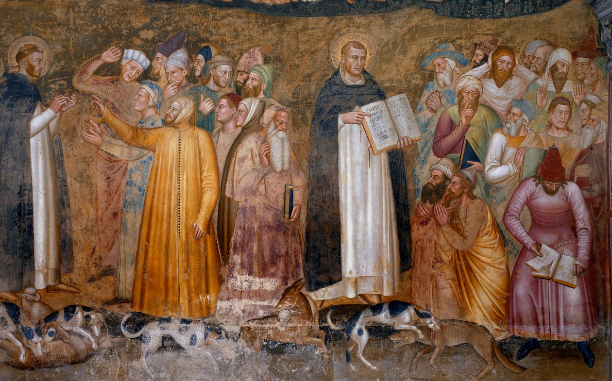 Triumf for den militante kirken: Thomas Aquinas før kjettere og nedre høyre, Fra Dolcino rev den offisielle læren om kirken. Chapel of the Spagniards (Detalj av fresken, 1365) av Andrea di Bonaiuto (fl.1343 77)
