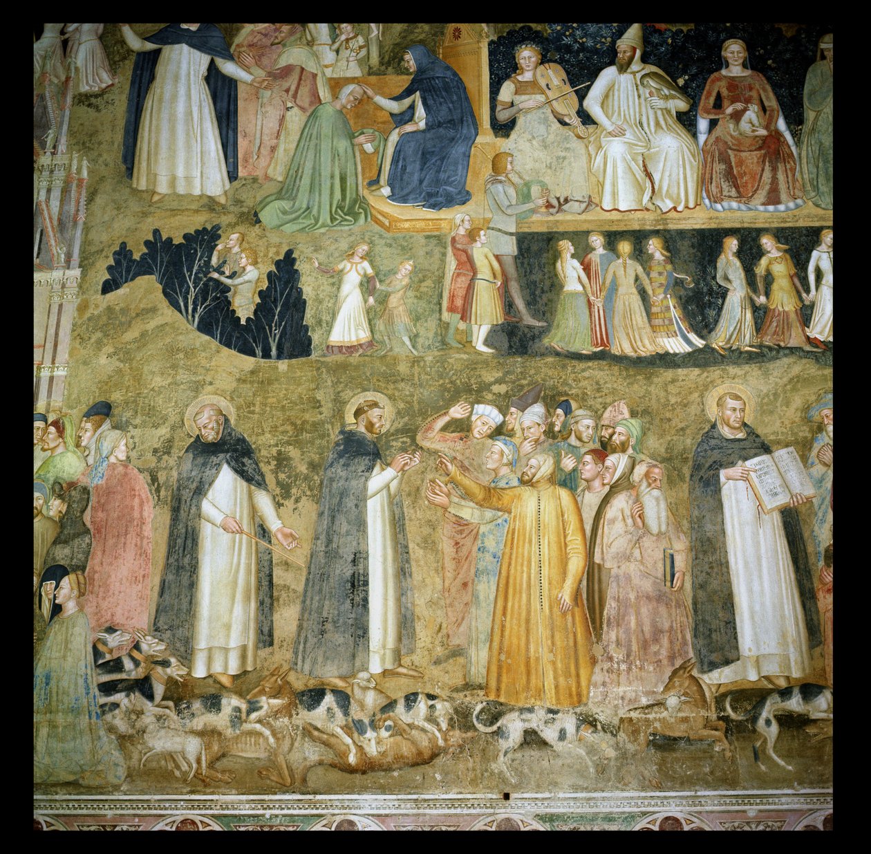 St. Dominic sender Herrens hunder frem, med St. Peter Martyr og St. Thomas Aquinas, ca. 1369 av Andrea di Bonaiuto
