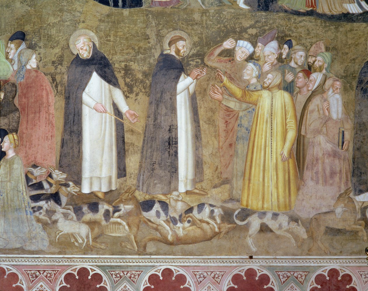 The Church Militant and Triumphant, detalj av kjettere, fra det spanske kapellet, ca. 1369 av Andrea di Bonaiuto