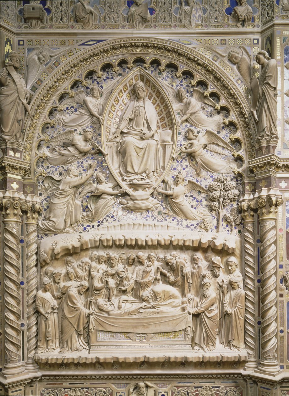 Tabernakel, detalj som viser Jomfruens død og opptagelse, 1359 av Andrea di Cione Orcagna