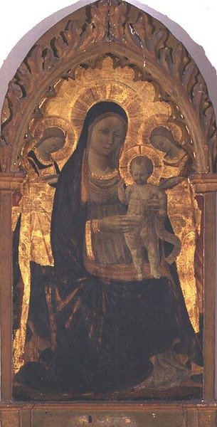 Madonna og barn med to engler (tempera på panel) av Andrea di Giusto Manzini