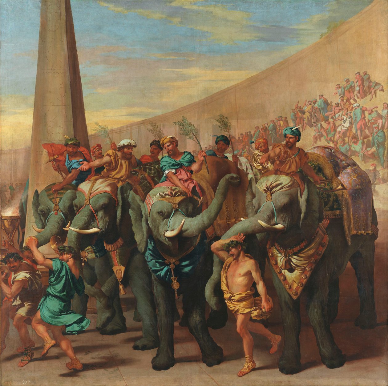 Elephants dans un cirque - Elephants in a circus, av Andrea di Leone (1596-1675). Olje på lerret, ca 1637-1640. Mål: 229x231 cm. Museo del Prado, Madrid av Andrea di Leone