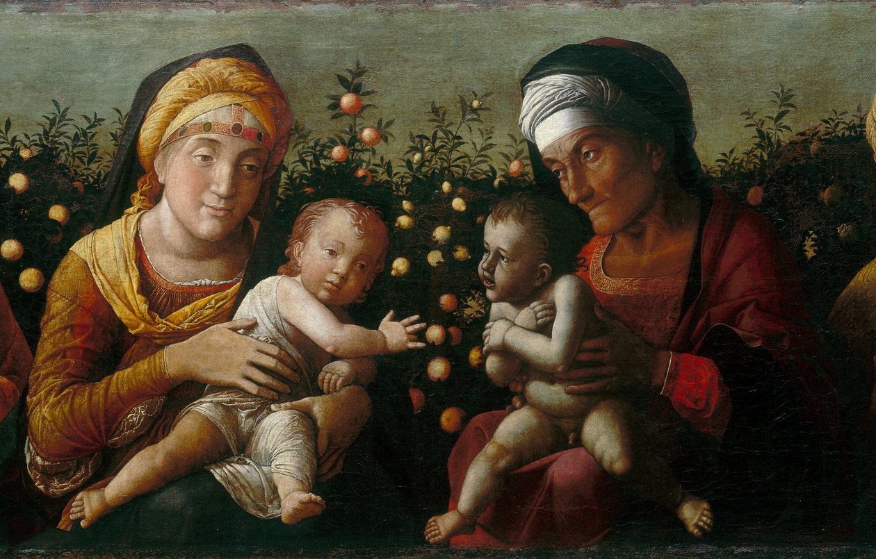 Den hellige familie med de hellige Elisabeth, John og Zachary, detalj av Andrea school of Mantegna