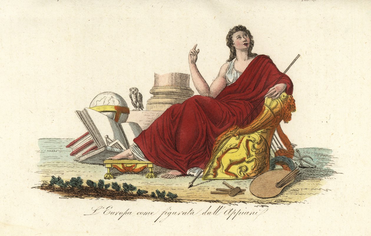 Allegorisk figur av Europa sitter på en trone i en lilla kappe med bøker, globus, palett, septer, lyre og ugle av Andrea the Elder (after) Appiani