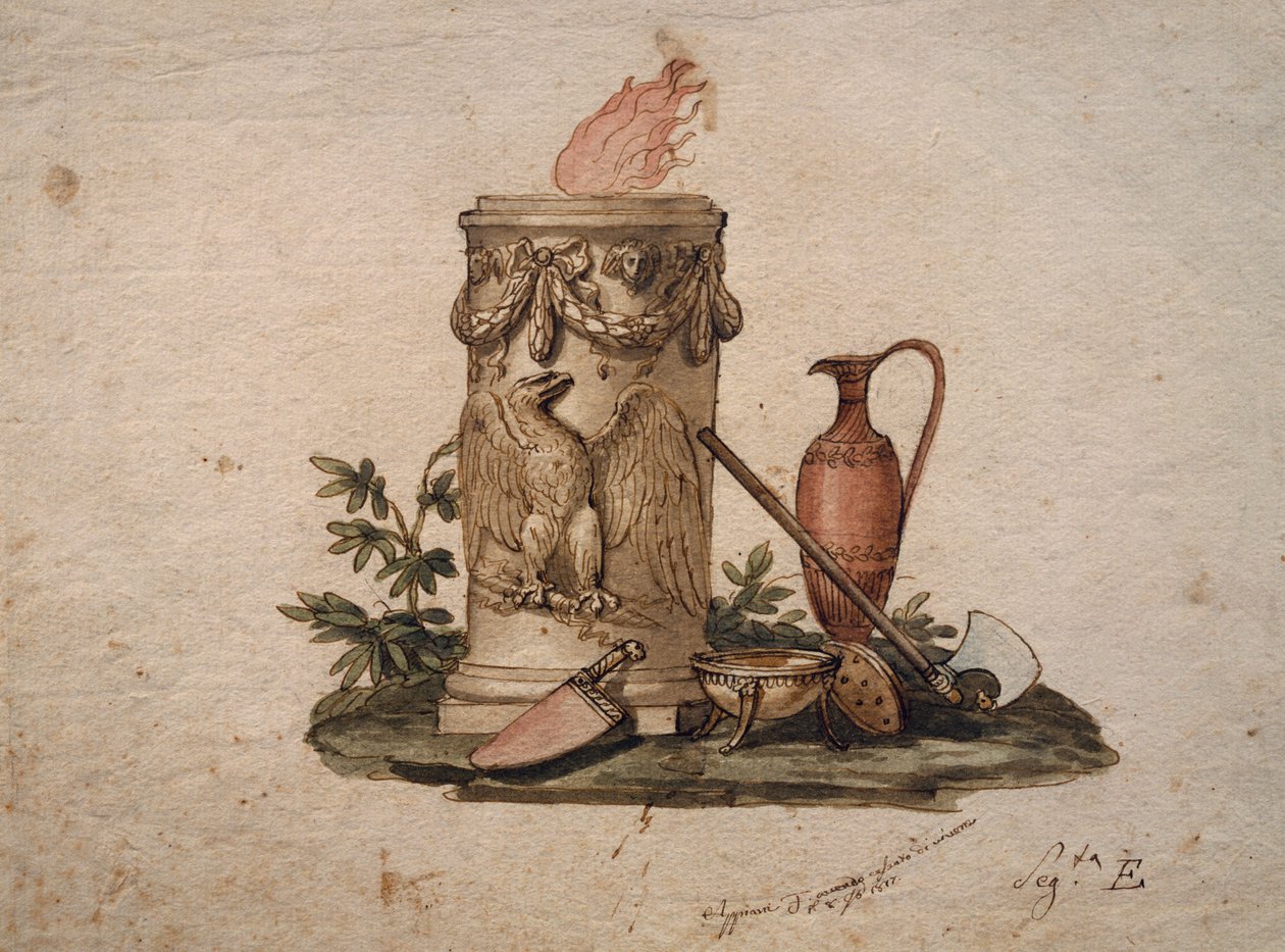Søyleformet brazier, dekorert med festonger og ørn, med skjærevåpen, kopp og amfora, maleri av Andrea Appiani (1754-1817), Italia av Andrea the Elder Appiani