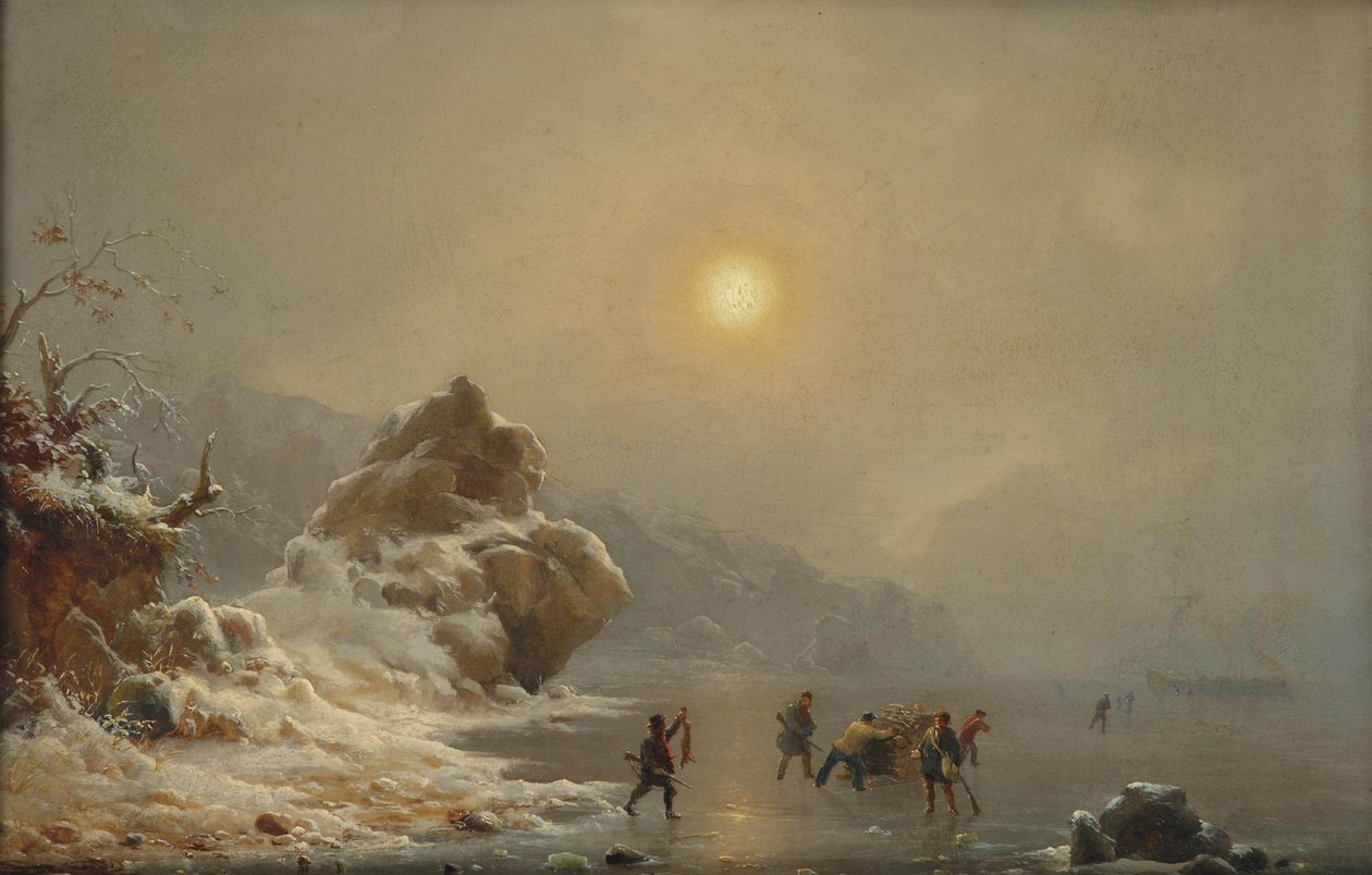 Et vinterlandskap med jegere på isen av Andreas Achenbach
