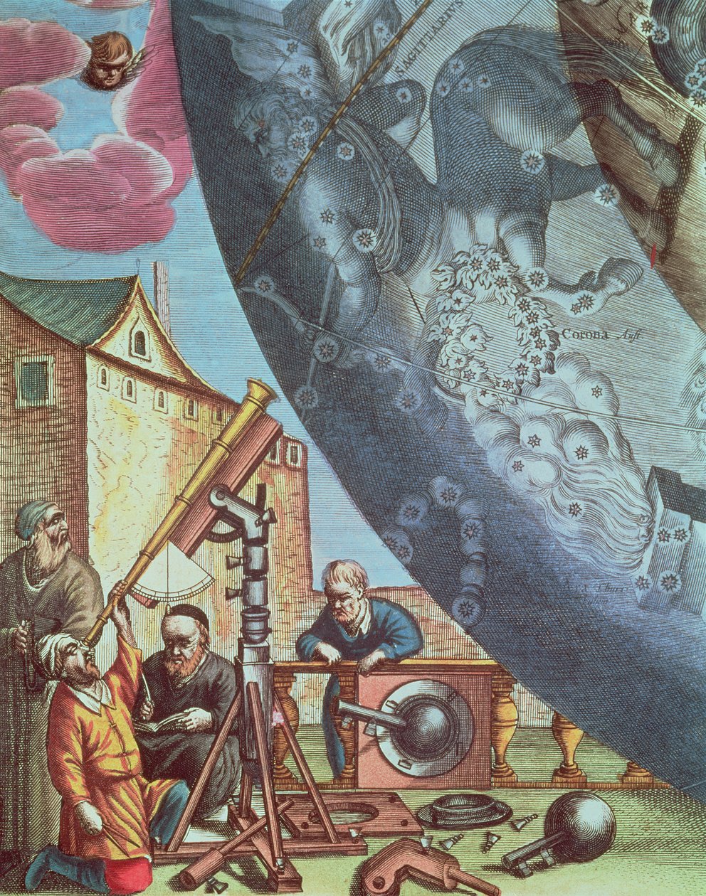 Astronomer som ser gjennom et teleskop, detaljer fra et kart over stjernebildene fra puben 