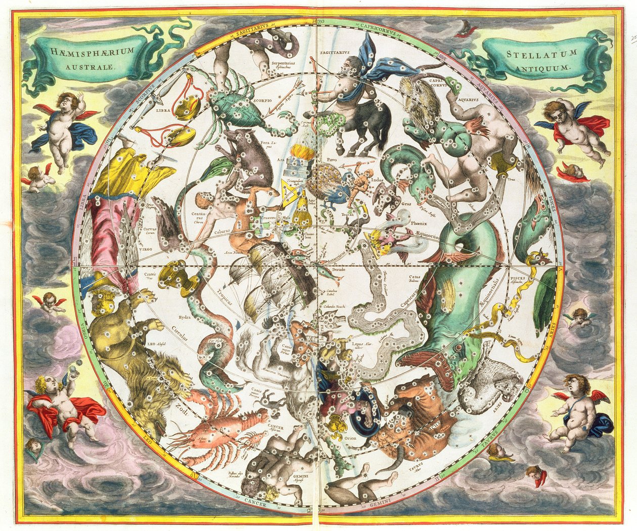 Kart over den sørlige halvkule, fra puben "The Celestial Atlas, or The Harmony of the Universe" (Atlas coelestis seu harmonia macrocosmica). av Joannes Janssonius, Amsterdam, 1660-61 (håndfarget eng av Andreas Cellarius