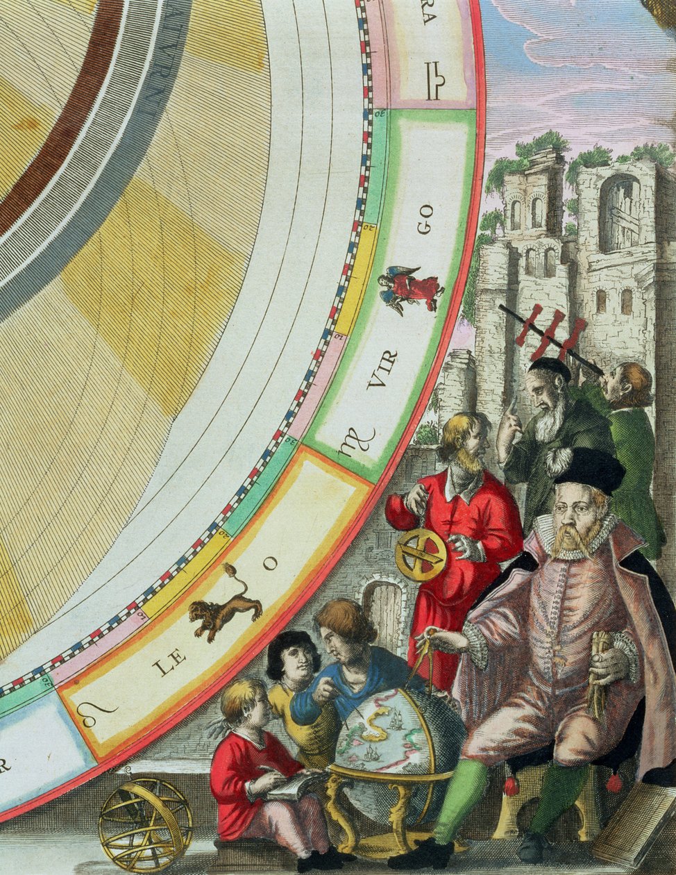 Tycho Brahe (1546-1601), detalj fra et kart som viser hans system av planetariske baner, fra puben 