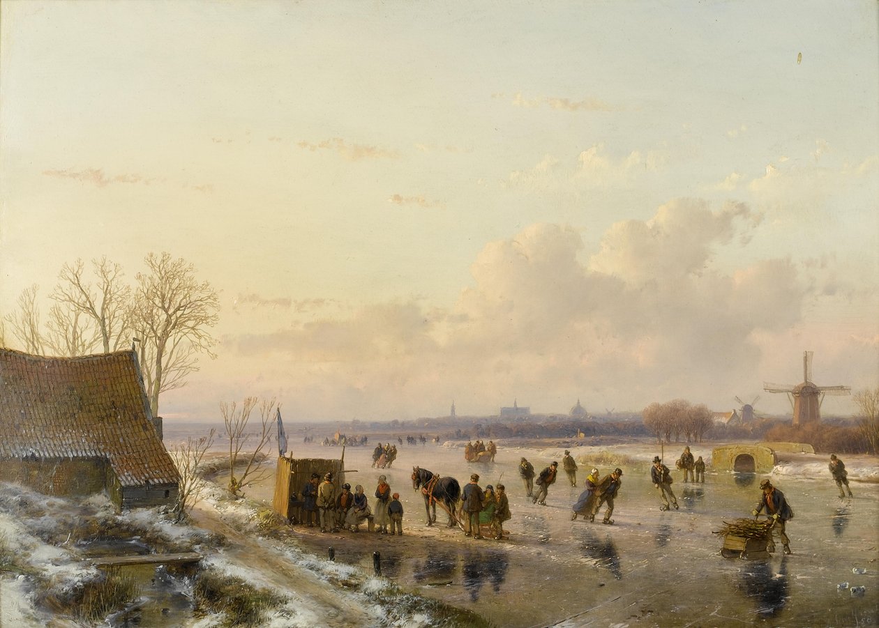 Vinterlandskap med skatere, Haarlem i det fjerne av Andreas Schelfhout