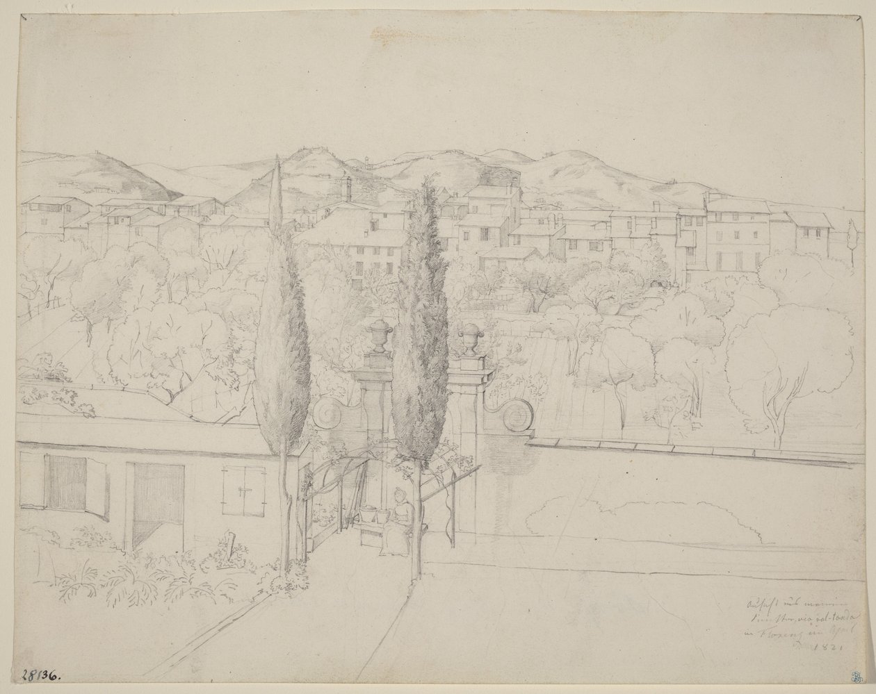 Utsikt fra vinduet mitt, via Valfonda i Firenze (Hager i Firenze sett fra kunstnerens vindu) av Andreas-Ludwig Kruger