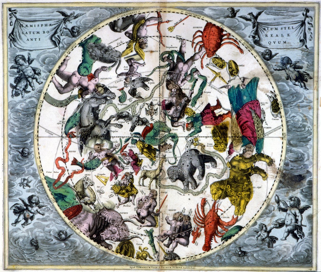 Kart over himmelen og dyrekretsen - faksimile av en eldgammel komposisjon som representerer stjernebildene på den nordlige himmelen, basert på André Cellarius "Harmonia Macrocosmica" av Andreas (after) Cellarius