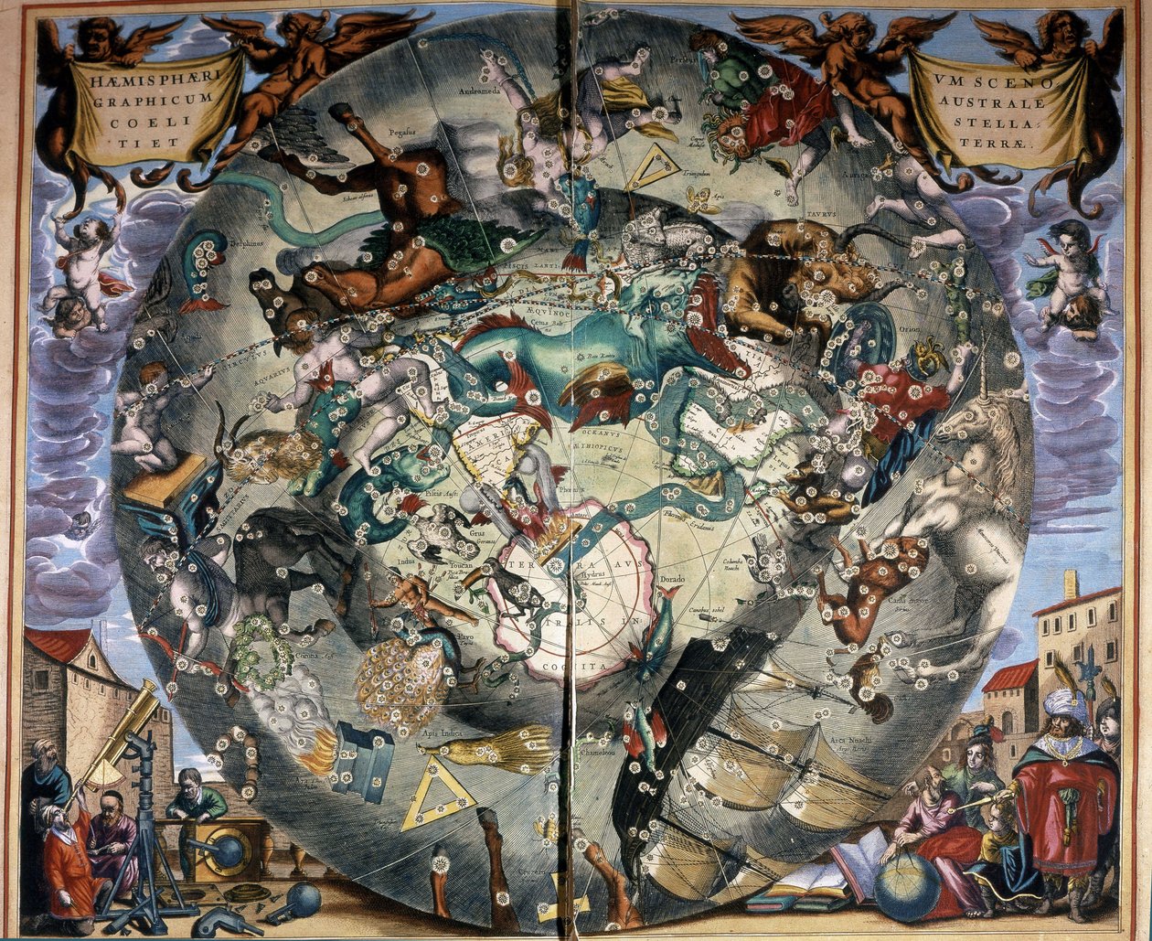 Representasjon av den sørlige halvkule av Cellarius. 1600-talls bok. av Andreas (after) Cellarius