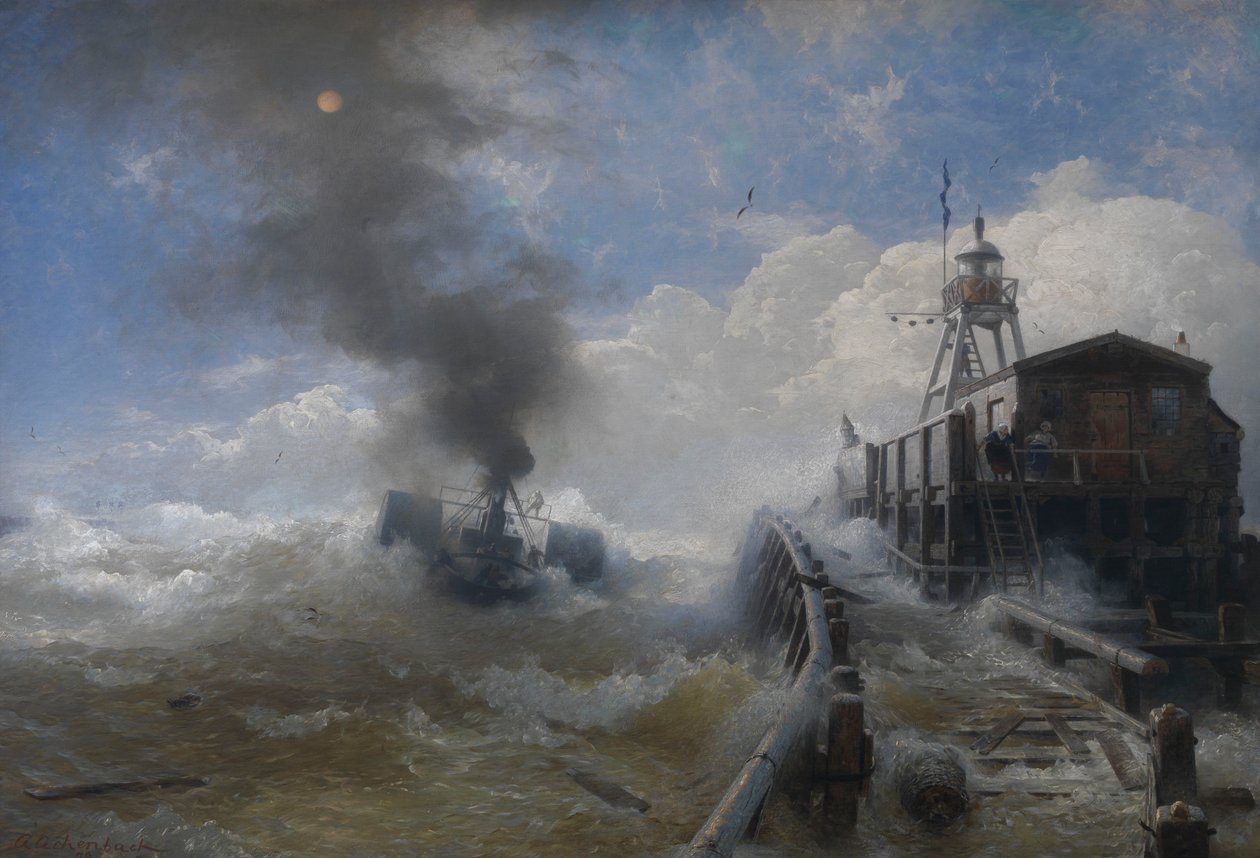 En slepebåt forlater havnen i Oostende ved flo av Andreas Achenbach
