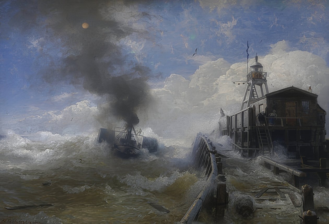En slepebåt forlater havnen i Oostende ved høyvann. 1878 av Andreas Achenbach