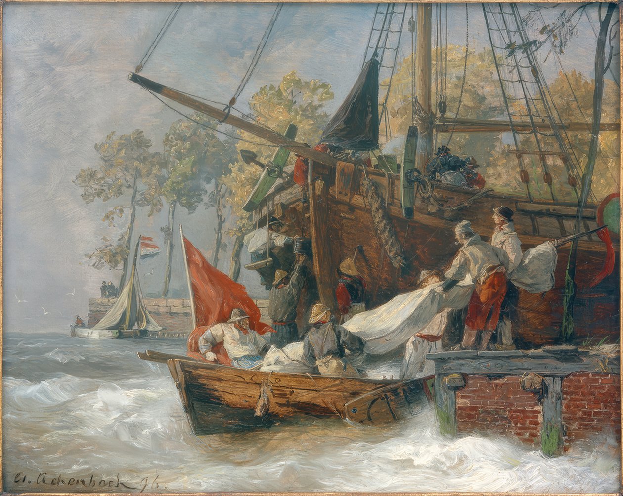 Havneinngang når sjøen stormer av Andreas Achenbach