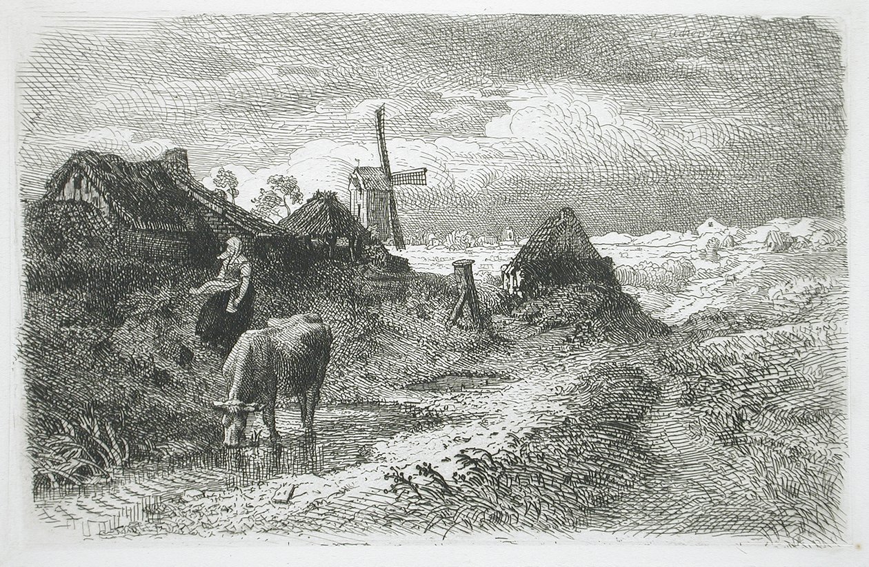 Landskap med hytter og vindmølle av Andreas Achenbach
