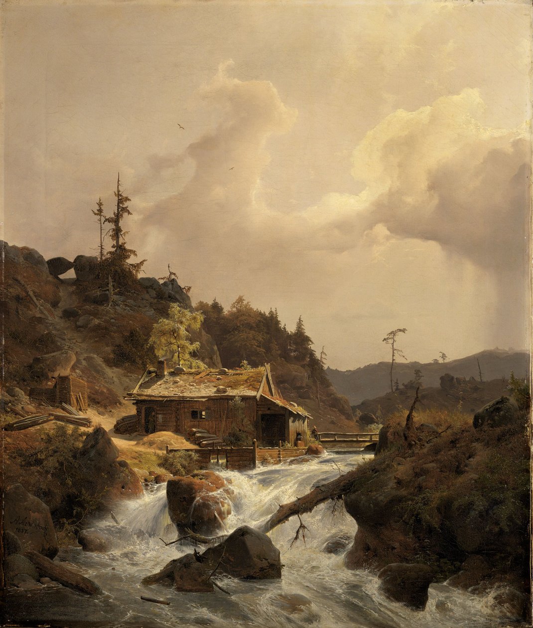 Norsk landskap med sagbruk av Andreas Achenbach